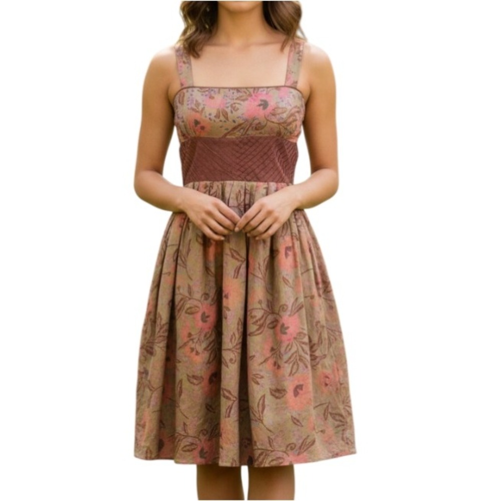 BANANA REPUBLIC Brown/Pink Floral SUNDRESS Fit/Flare COTTON Bustier Full Skirt 6